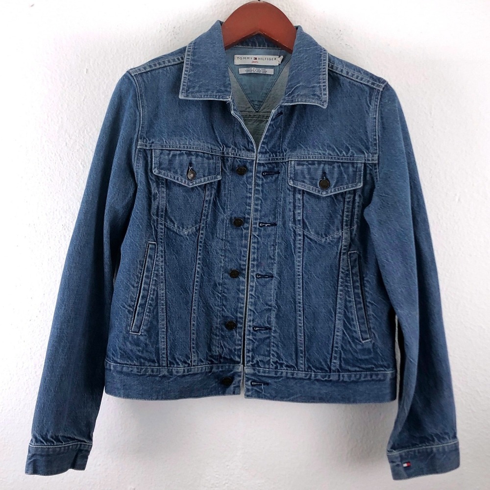 Y2K Tommy Hilfiger Jeans Vintage Denim Jacket Blue XL Embroidered Flag Stars 90s